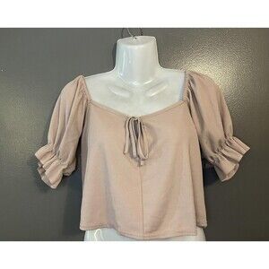 PrettyLittleThing Shirt Womens 14 Pink Ribbed Crop Puff Sleeve Tie Front Made UK